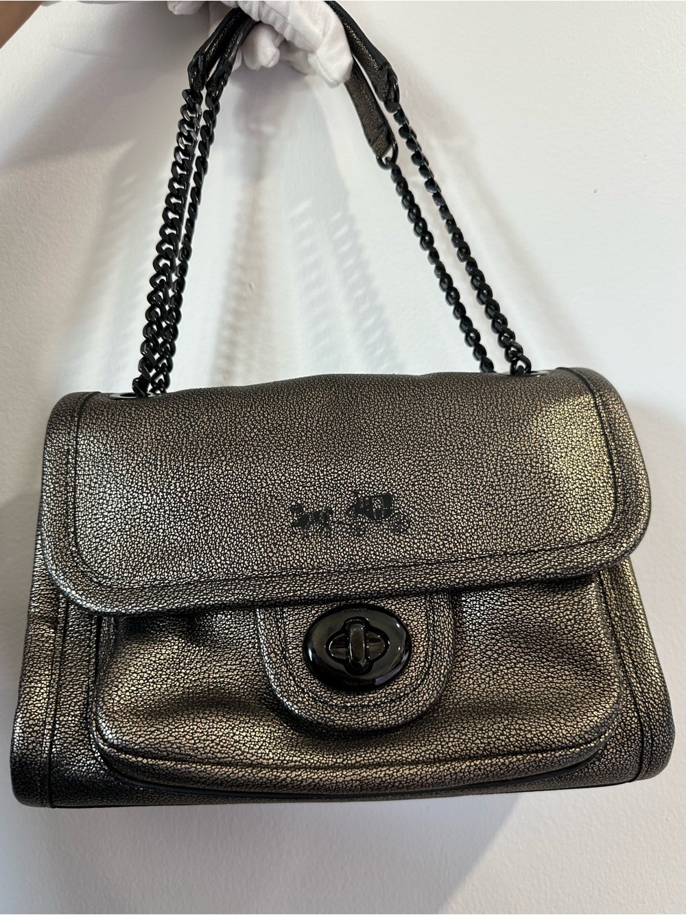 Coach Metallic Pewter Turn-Lock Chain Shoulder Bag